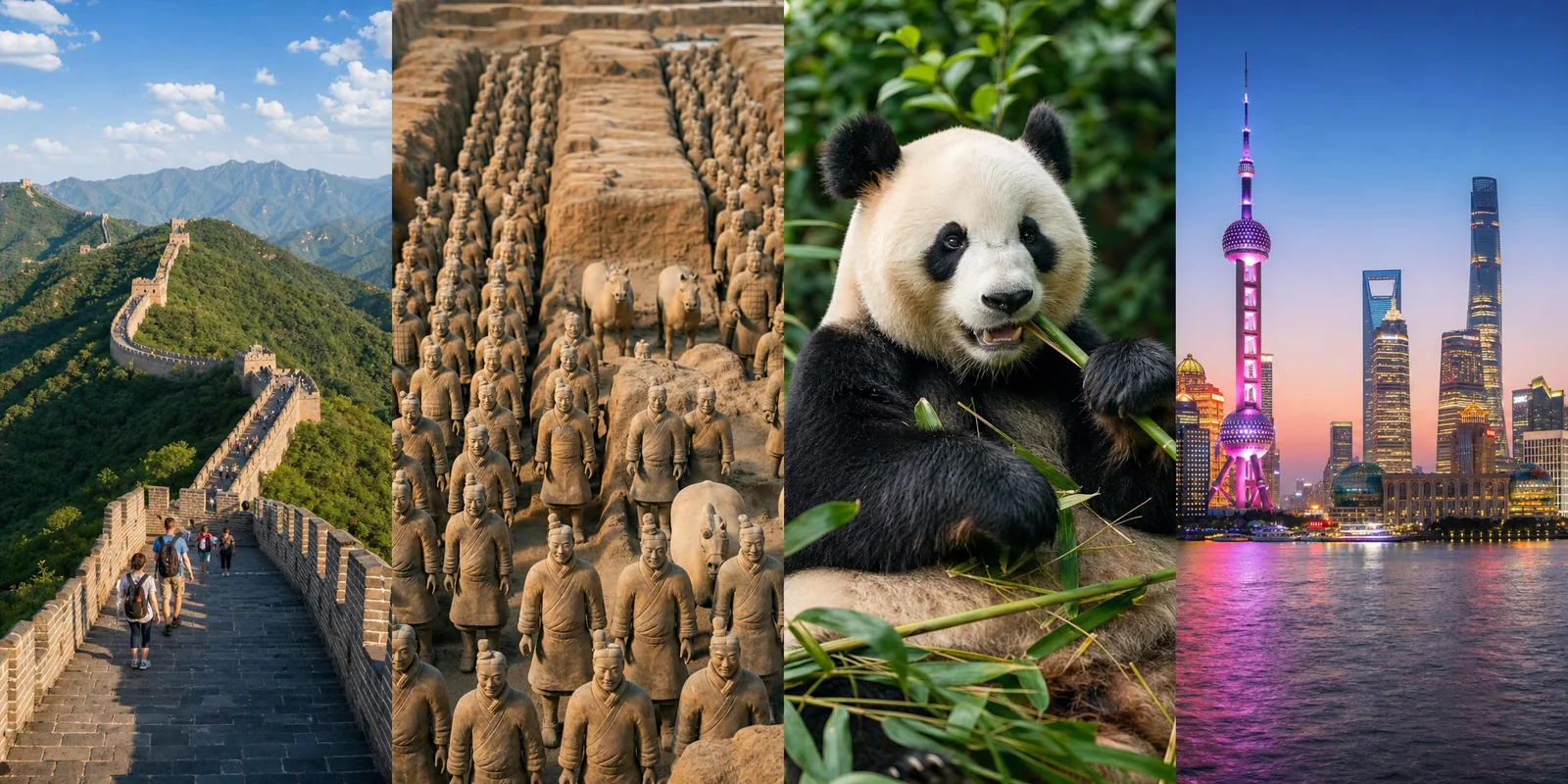10-day China itinerary collage showing the Great Wall in Beijing, Terracotta Army in Xi'an, a giant panda in Chengdu, and the Shanghai skyline