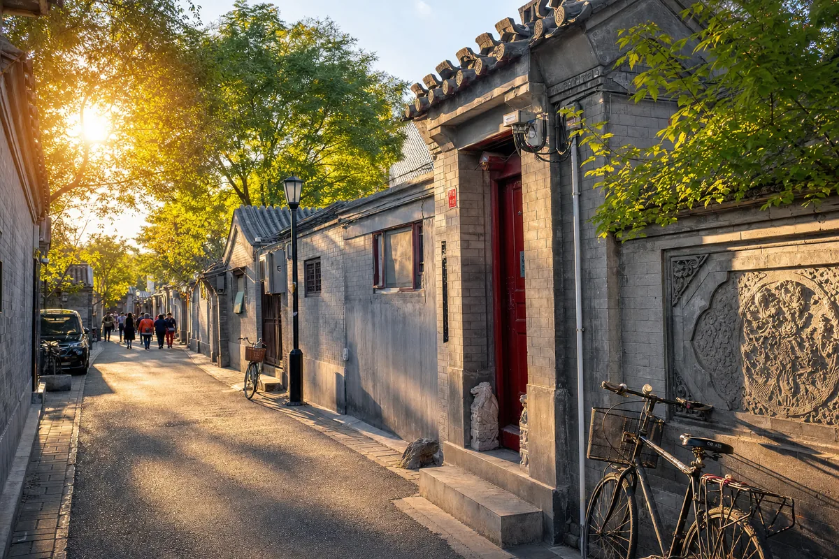 Quiet Beijing hutong alleyway with grey brick walls, red wooden doors, and bicycles in soft evening light