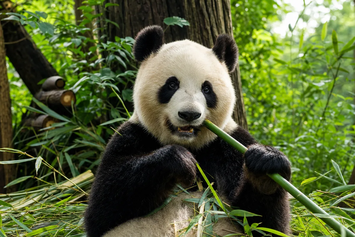 A giant panda eating bamboo among green foliage at the Chengdu panda base