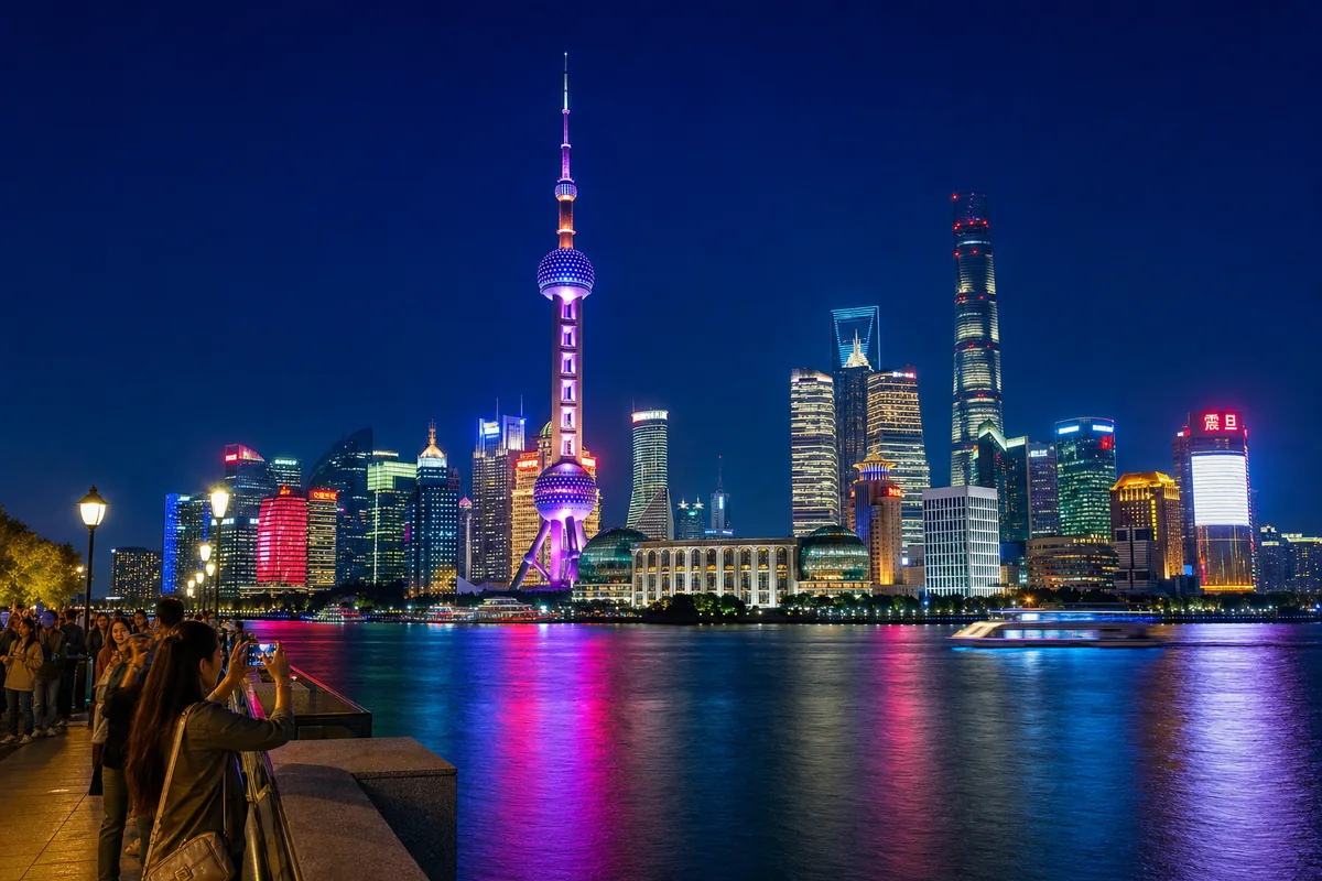 Shanghai Pudong skyline lit up at night reflected in the Huangpu River, seen from the Bund