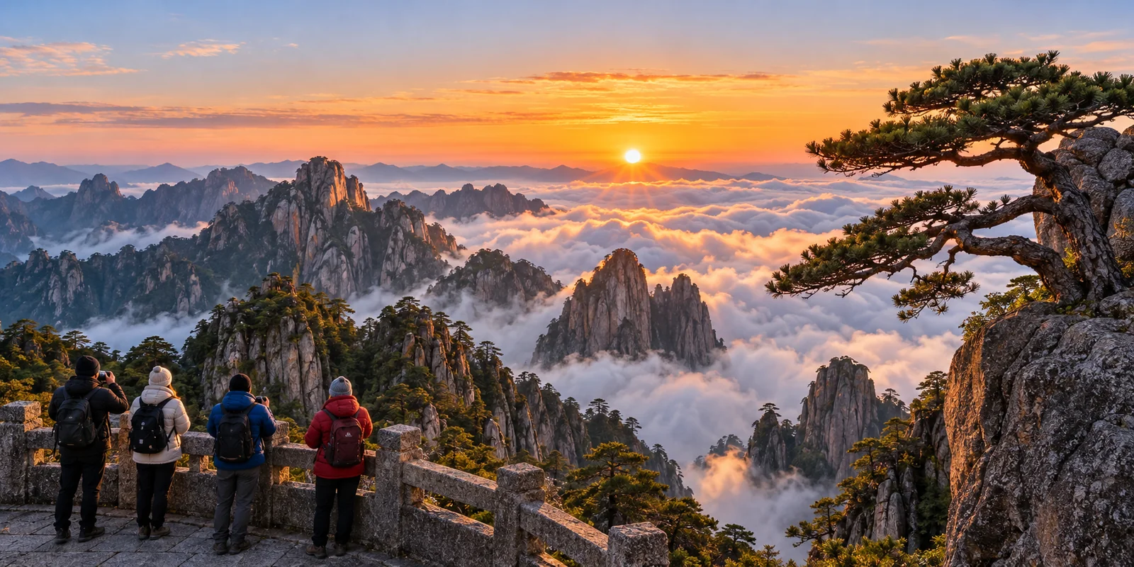 Sunrise over a sea of clouds on Huangshan, with granite peaks and pine trees seen from a summit viewing terrace