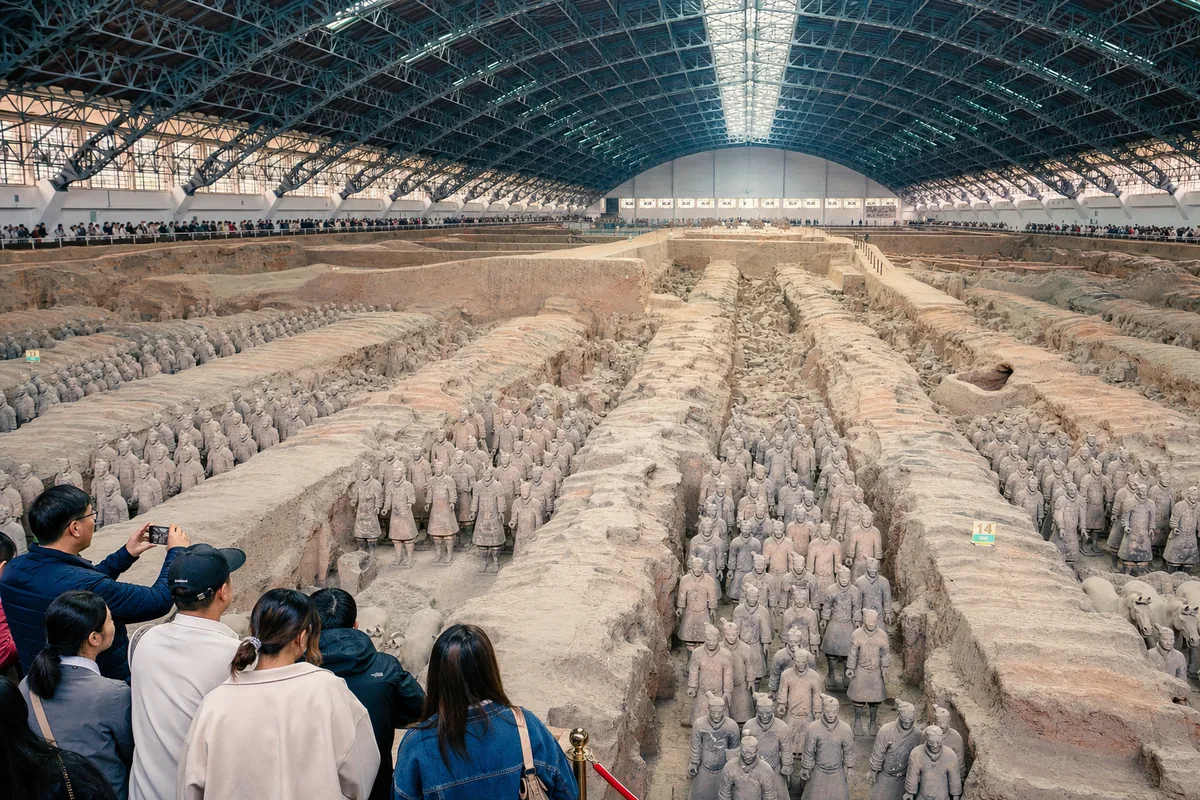 Rows of Terracotta Warriors standing in Pit 1 at the Xi'an museum