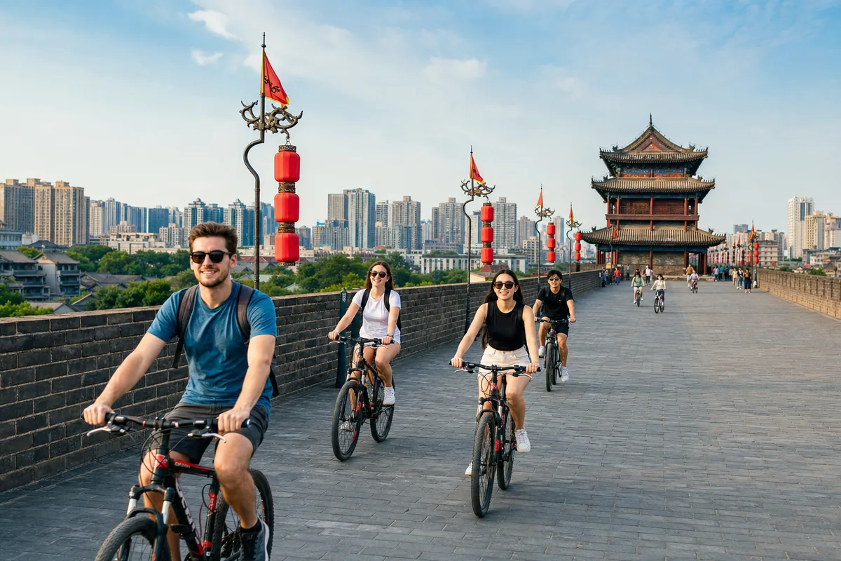 Cyclists riding along the top of Xi'an's ancient City Wall past a watchtower