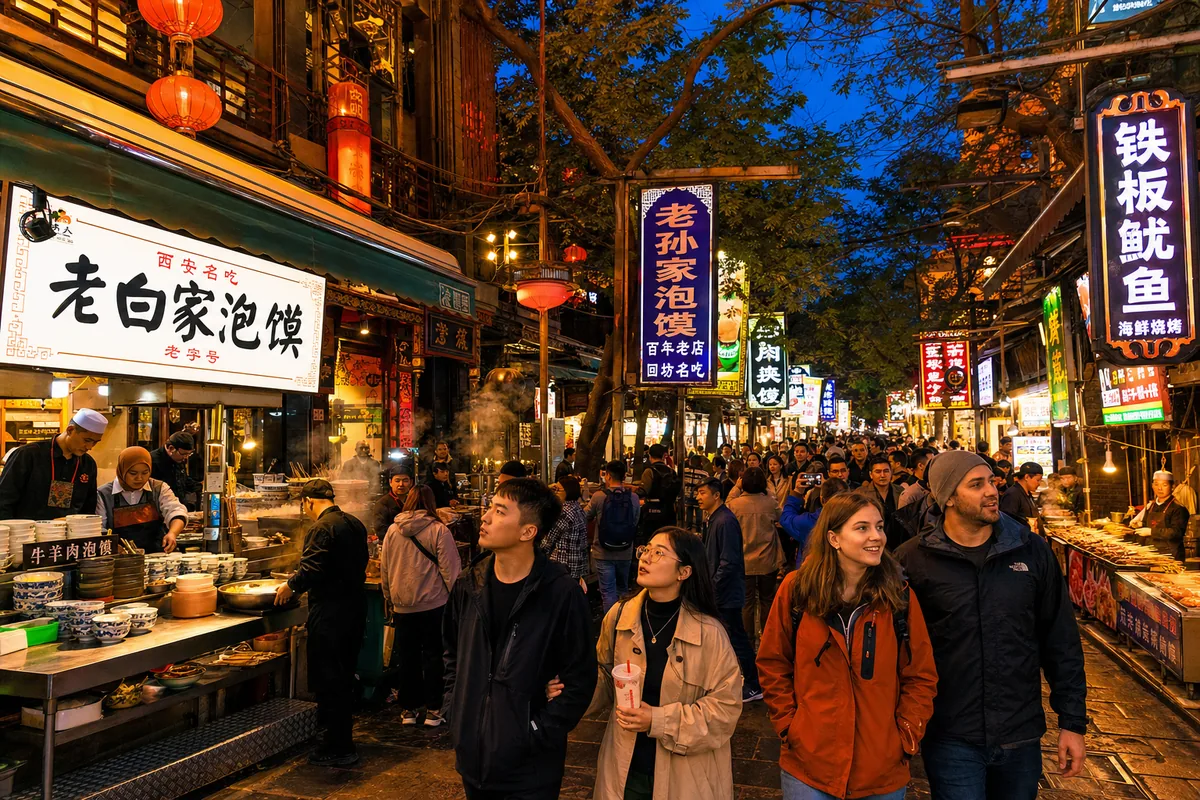 Food stalls and crowds in Xi'an's Muslim Quarter at night
