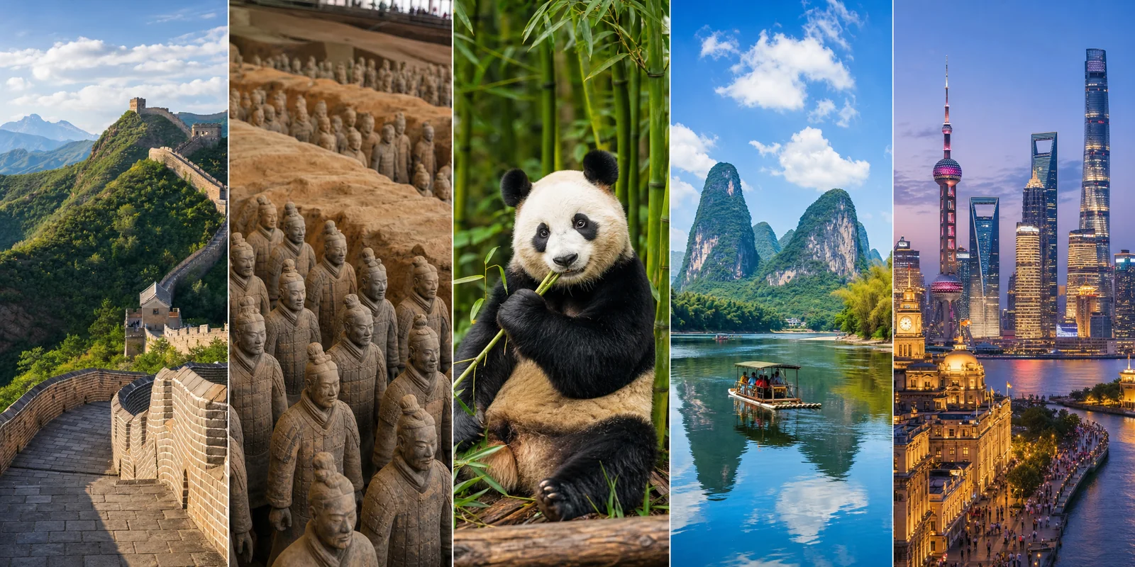 Collage of a 2 week China itinerary: Great Wall, Terracotta Army, panda, Guilin karst river, and Shanghai skyline