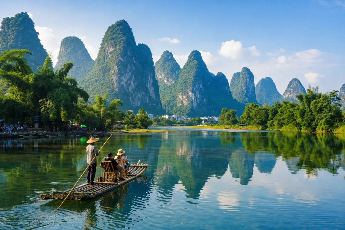 Karst peaks and a bamboo raft reflected on the Li River between Guilin and Yangshuo