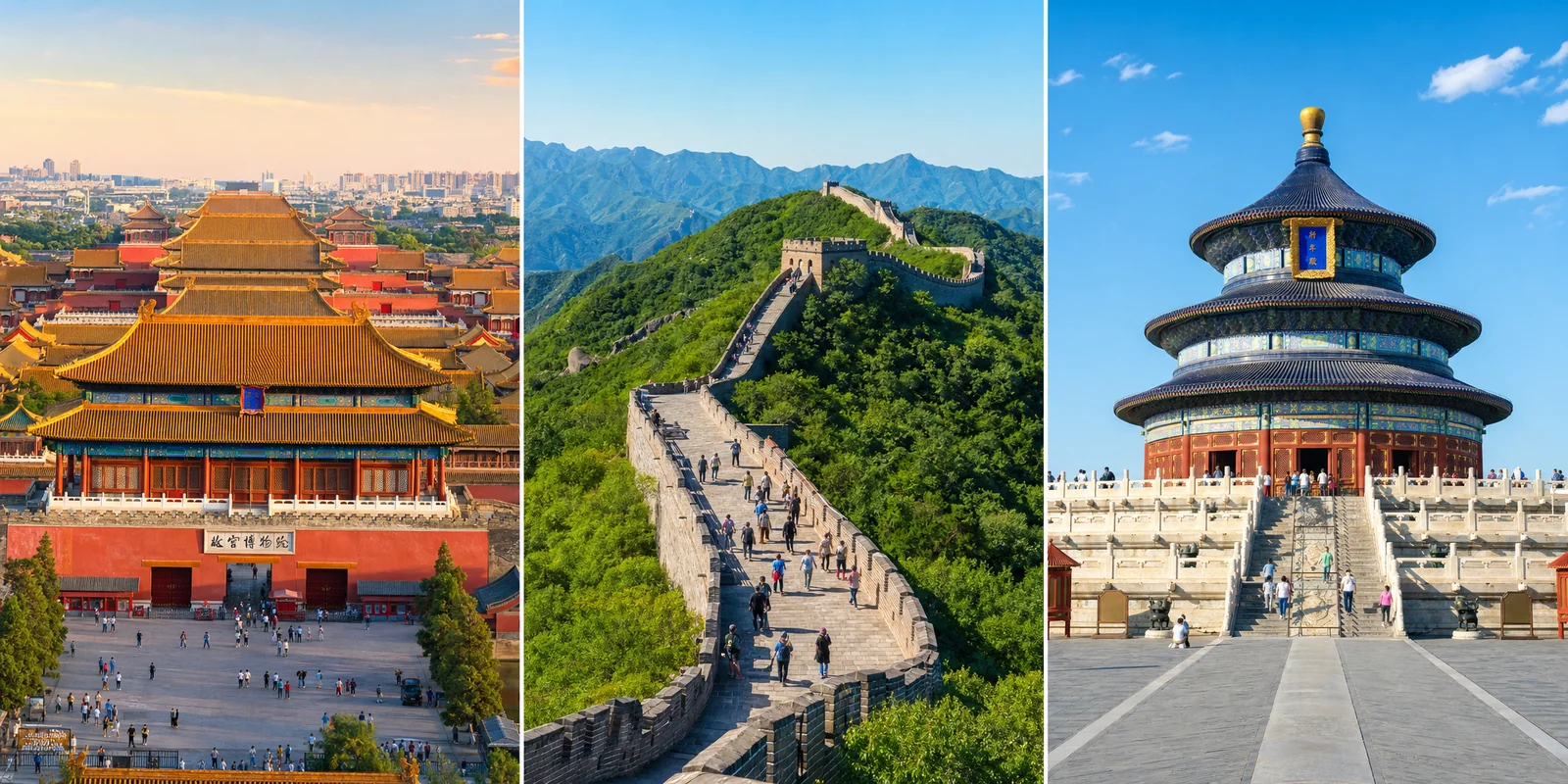 Three Beijing landmarks for a 3 day itinerary: Forbidden City rooftops, the Great Wall at Mutianyu, and the Temple of Heaven