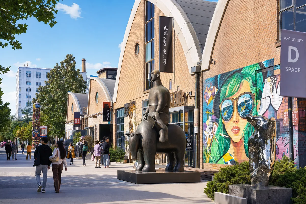 Brick factory buildings and contemporary art installations in Beijing's 798 Art District