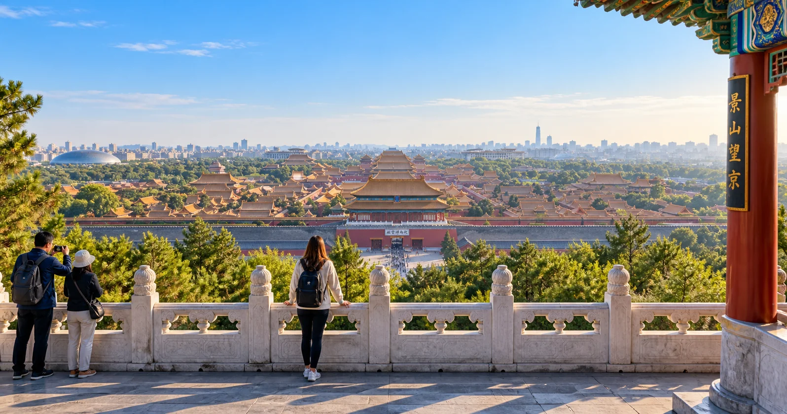A traveler on Jingshan hill at dawn looking south over the rows of golden roofs of the Forbidden City