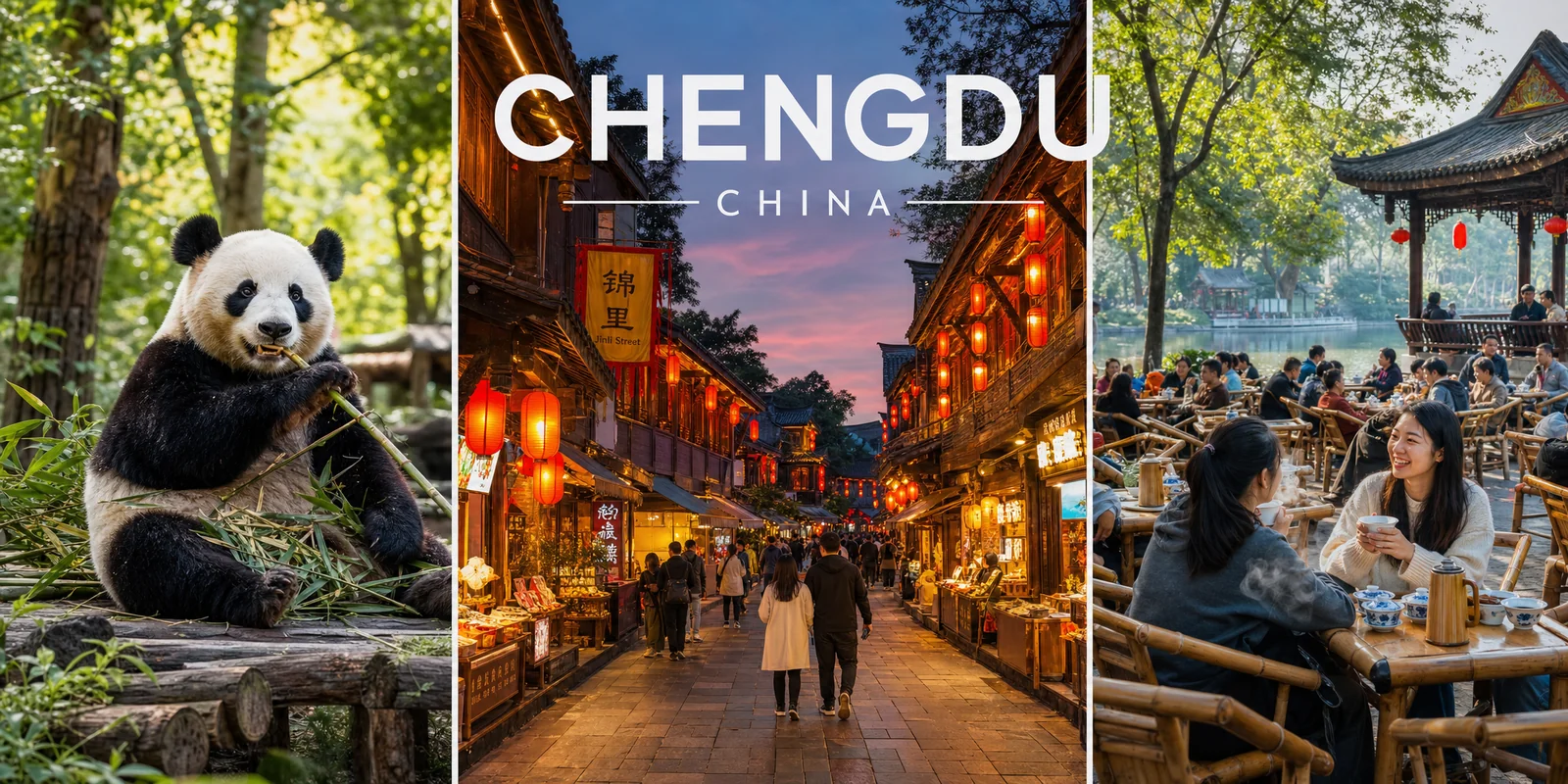 Chengdu 3-day itinerary highlights: a giant panda eating bamboo, lantern-lit Jinli street, and tea drinkers at People's Park