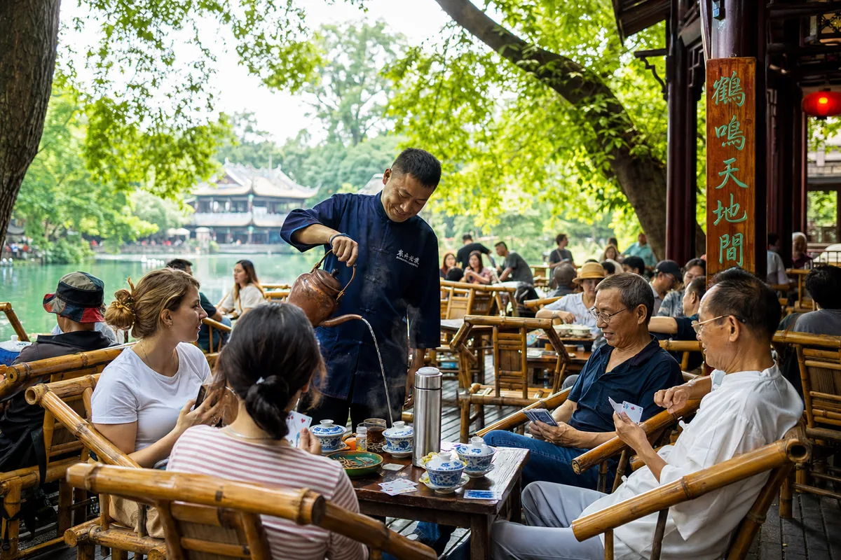 Locals drinking tea in bamboo chairs at the open-air Heming Teahouse in People's Park, Chengdu