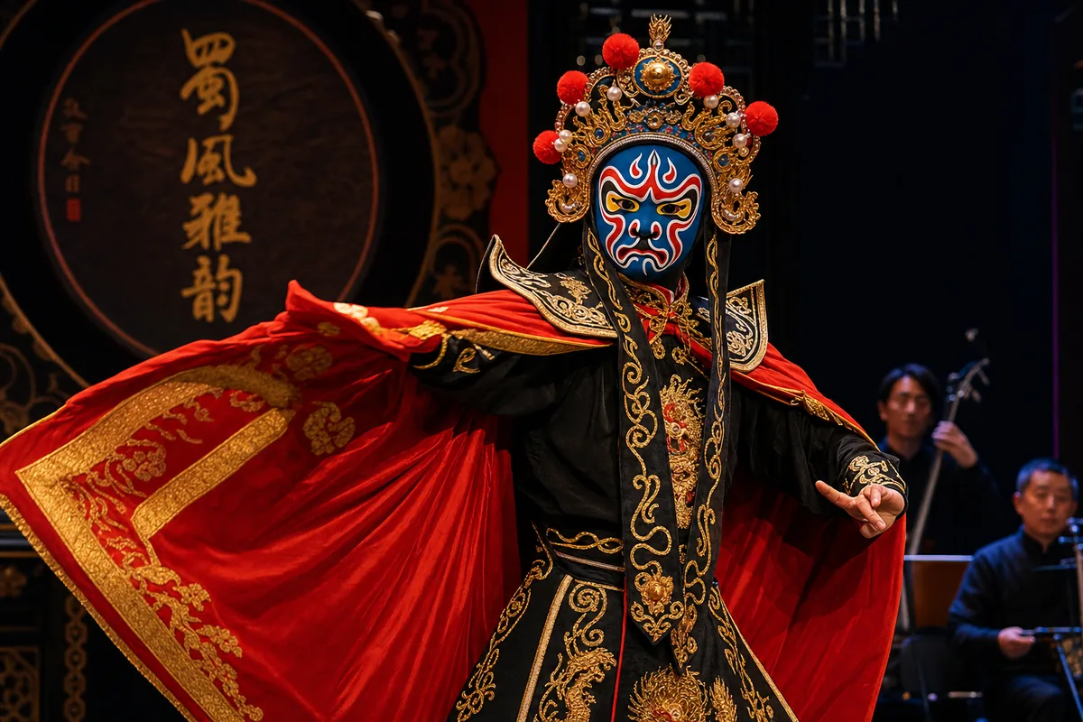 A Sichuan Opera performer in colorful costume during a face-changing (bian lian) show in Chengdu