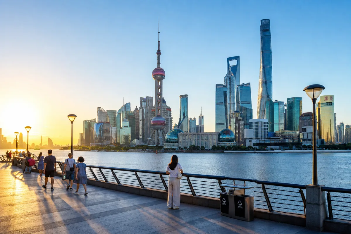 The Bund promenade in the morning with the Pudong skyline across the Huangpu River