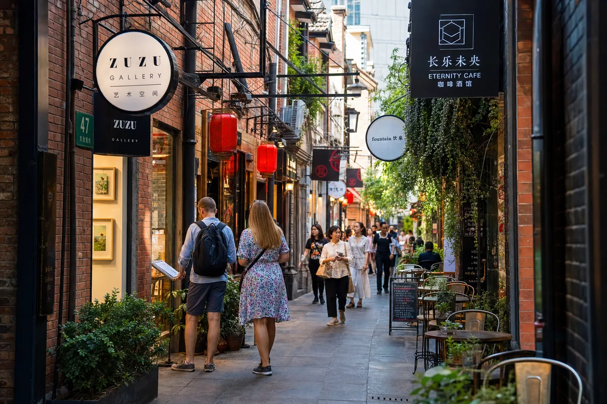 Narrow shikumen lanes of Tianzifang lined with small shops and cafés
