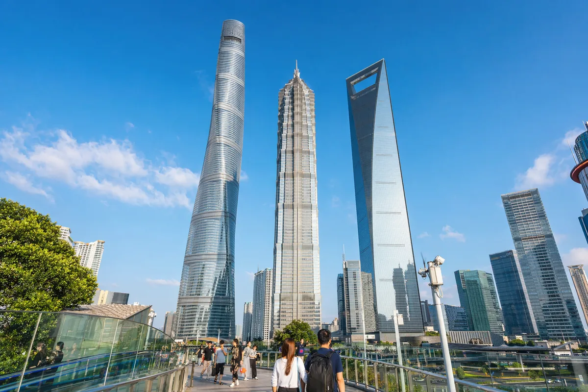 Looking up at the Shanghai Tower and Lujiazui skyscrapers in Pudong