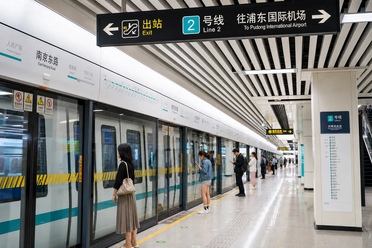 Shanghai Metro platform with a train and bilingual signage