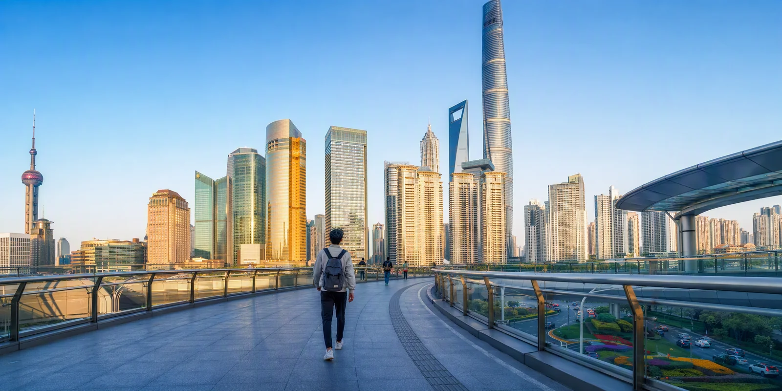 A traveler on the elevated circular walkway in Lujiazui with Shanghai's supertall towers in morning light