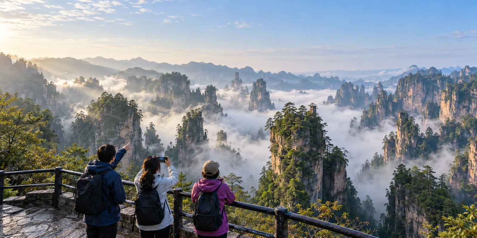 Sandstone pillars rising out of morning mist at Yuanjiajie in Zhangjiajie, seen from a railed viewing platform with a few visitors