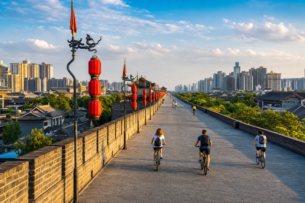 Cyclists riding on top of the ancient Xi'an City Wall at dusk