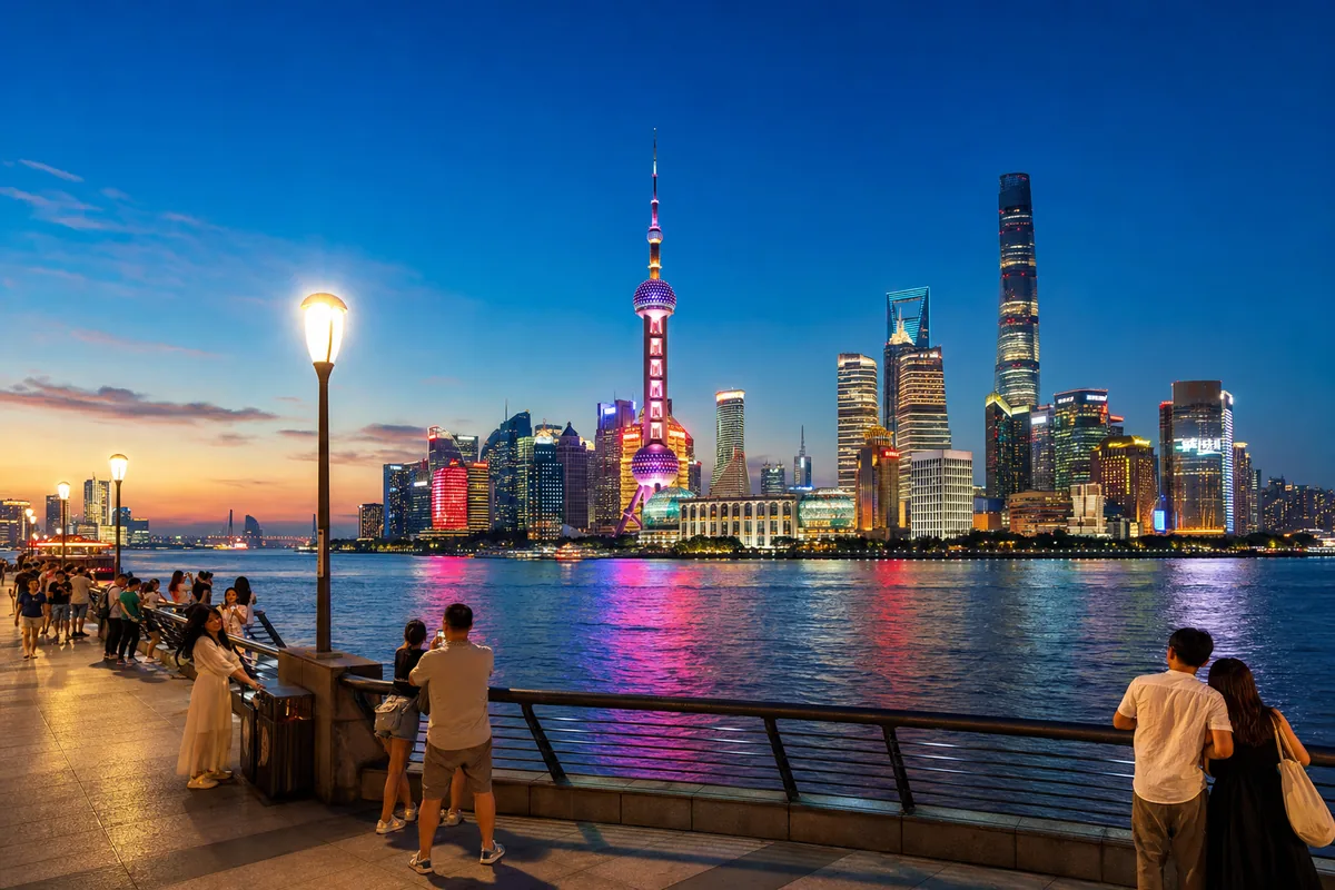 Shanghai Bund waterfront at dusk facing the lit Pudong skyline