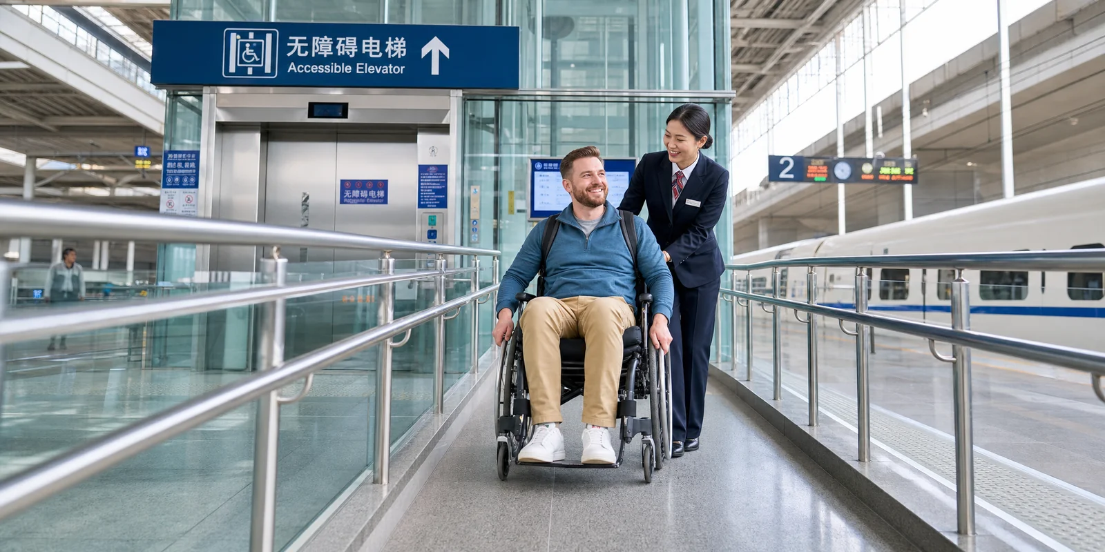 Wheelchair user being assisted on a step-free ramp at a modern Chinese high-speed rail station