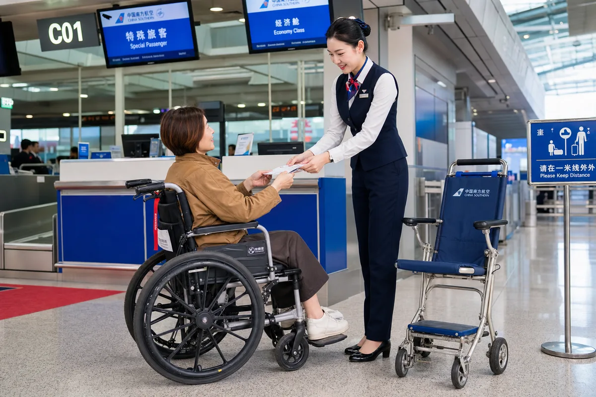 Airport staff assisting a wheelchair traveler at a check-in counter with an aisle chair nearby
