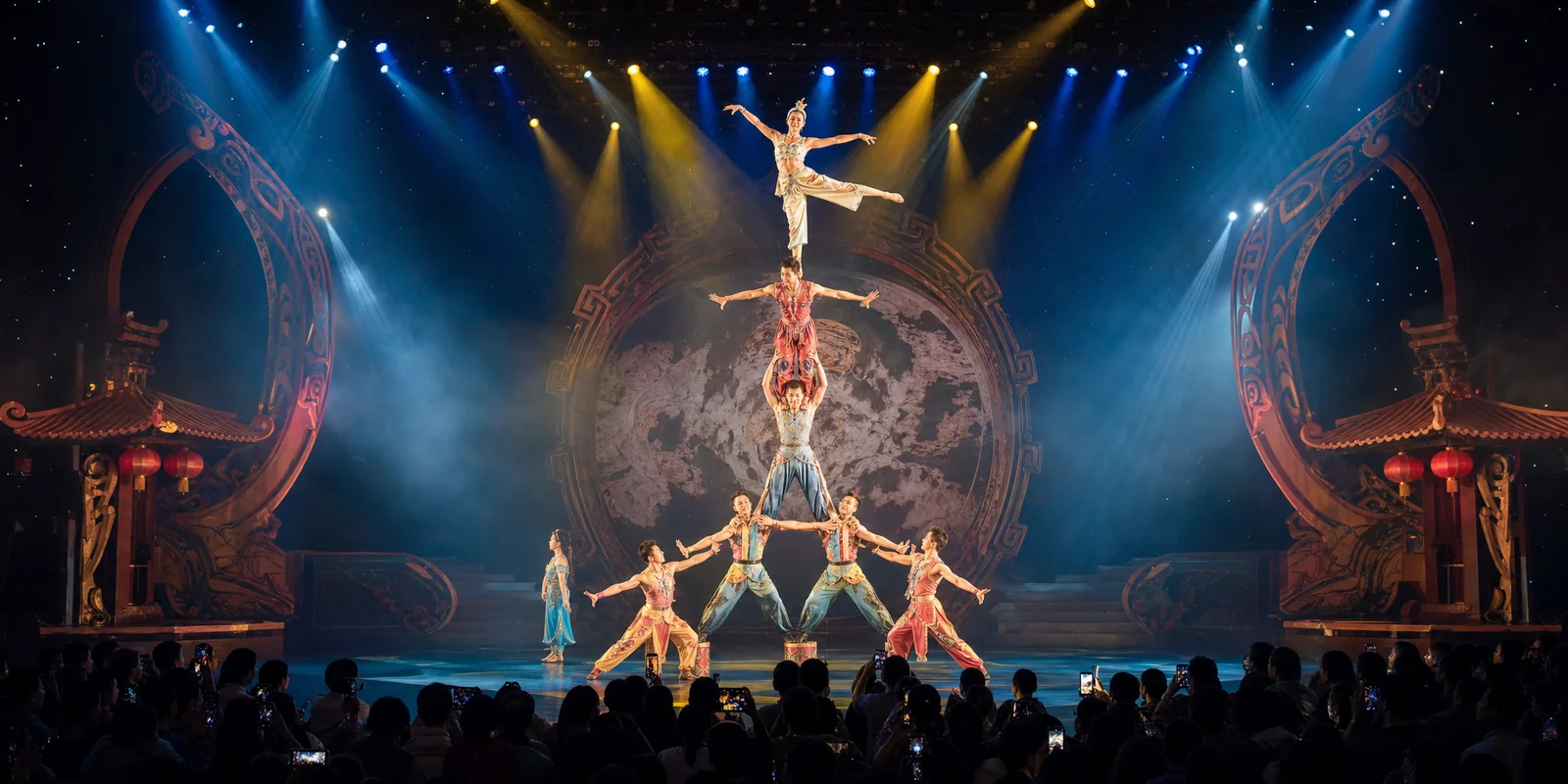 Chinese acrobatic show on a brightly lit stage with performers in a balancing act