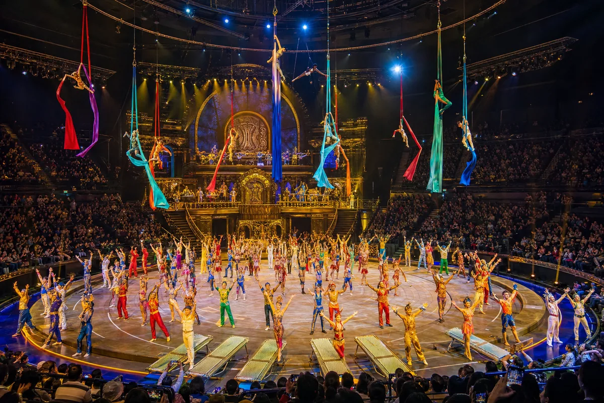 Large-scale international circus performance at Chimelong in Guangzhou with many performers