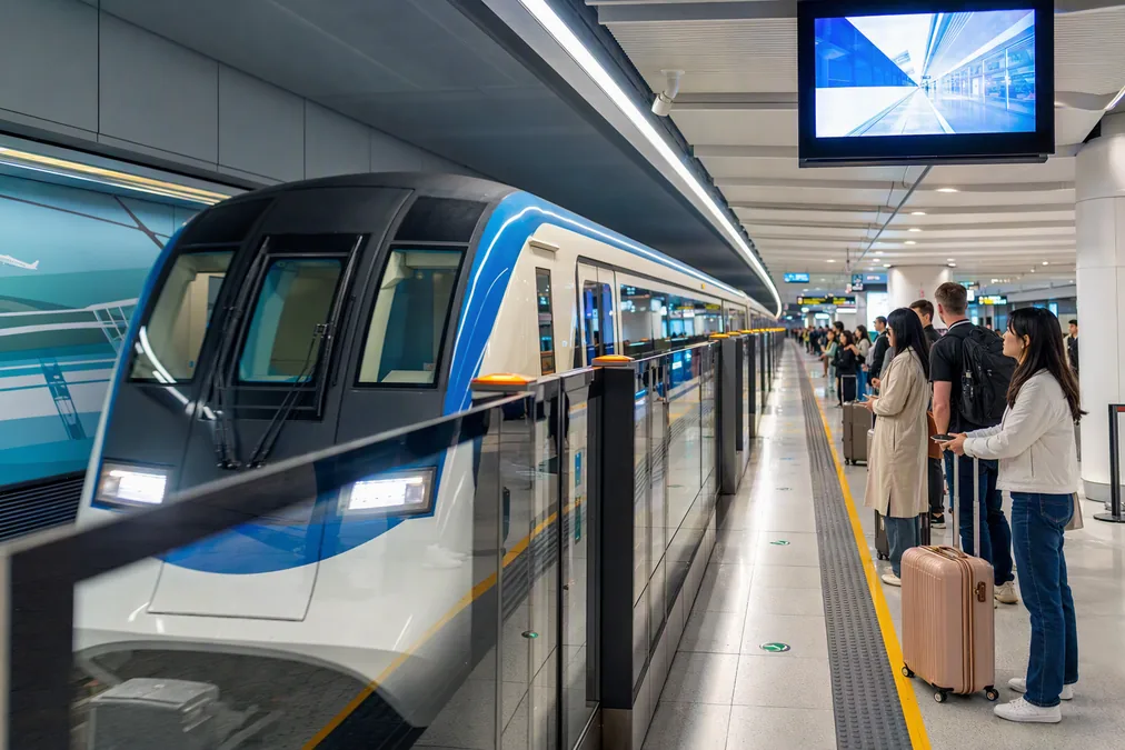 An airport express train arriving at the platform beneath a Chinese airport terminal as travelers wait with luggage