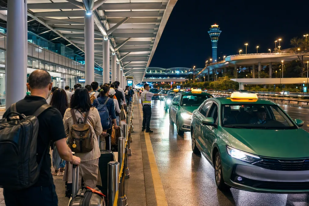 Travelers queuing at the official taxi rank outside a Chinese airport at night with a marshal directing cars