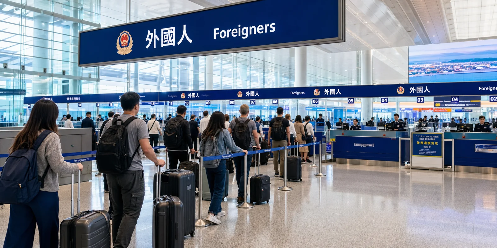 International travelers in the arrivals hall going through China immigration at a modern airport