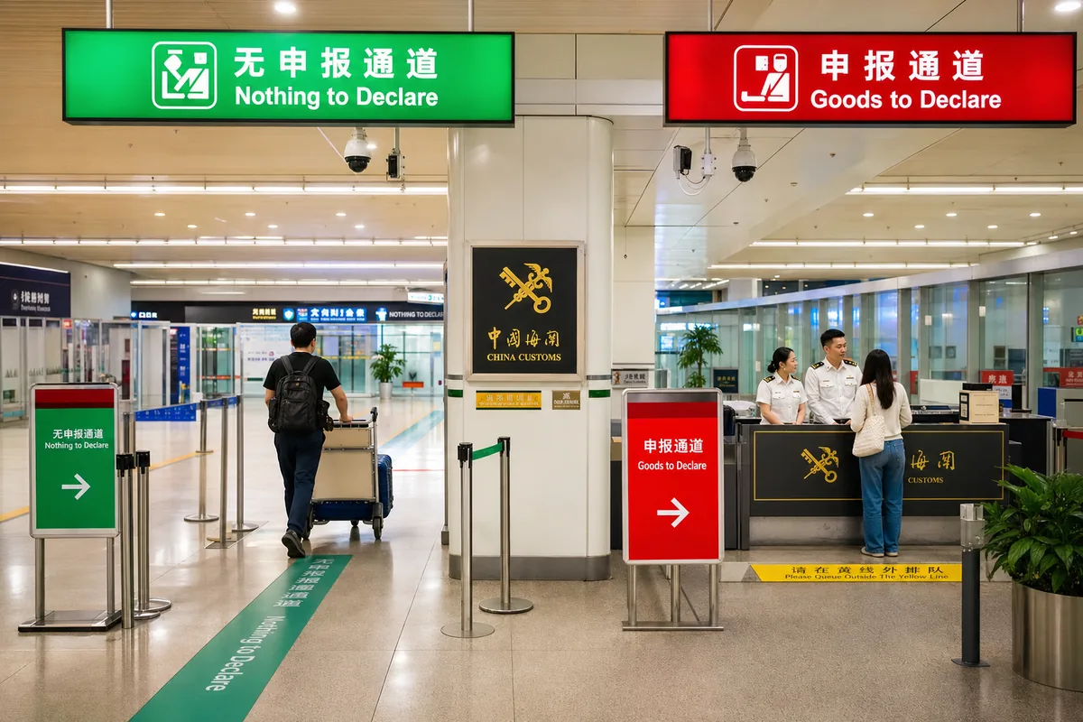Red and green customs channels at a Chinese airport, marked Goods to Declare and Nothing to Declare