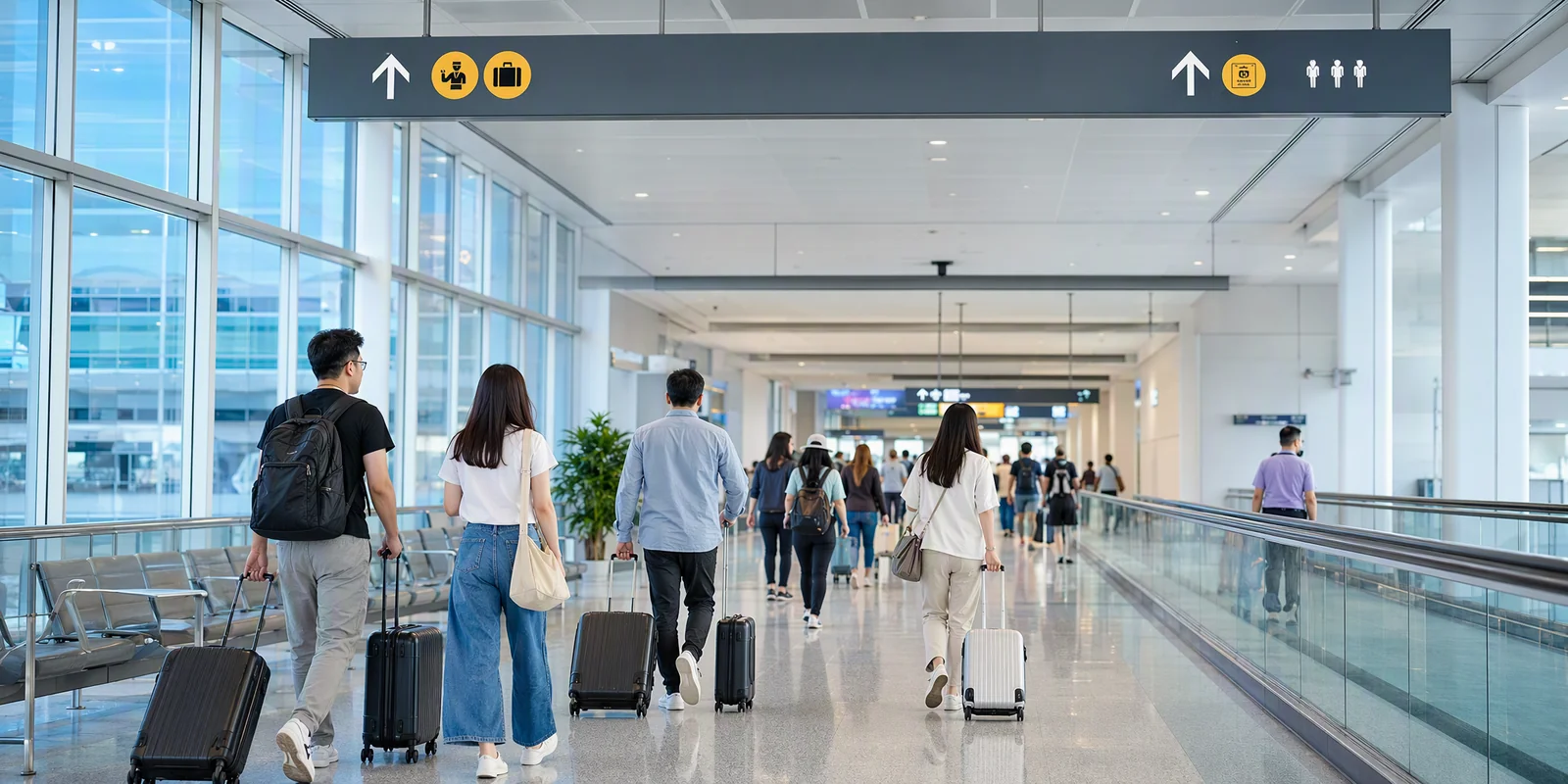Travelers walking toward an immigration inspection area under overhead signs at an airport