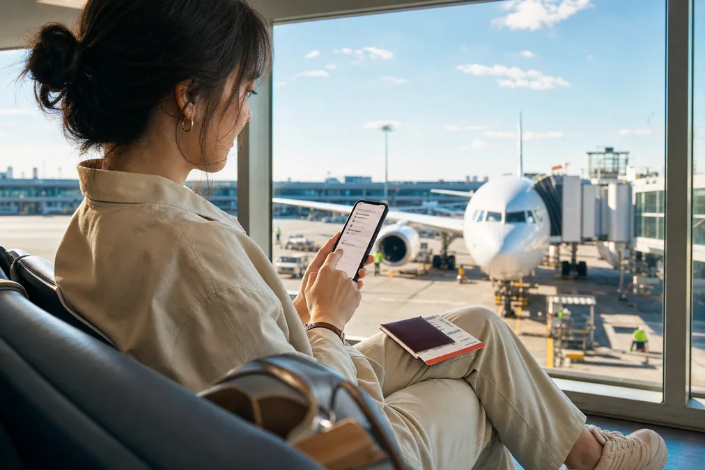 Traveler filling in a form on a phone while waiting at an airport gate