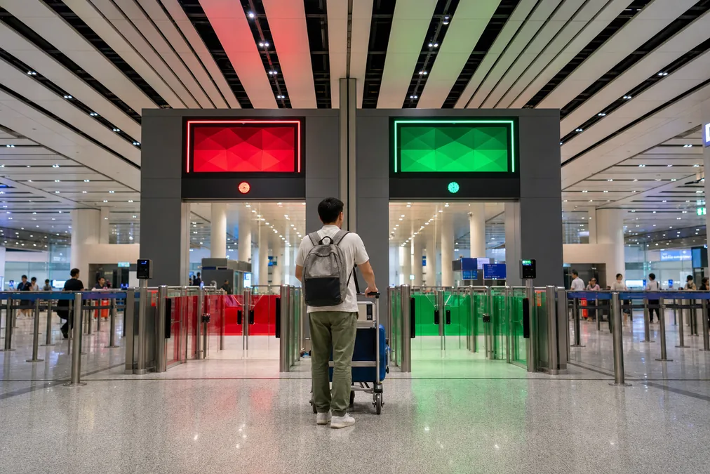 Airport customs area with red and green channel entrances