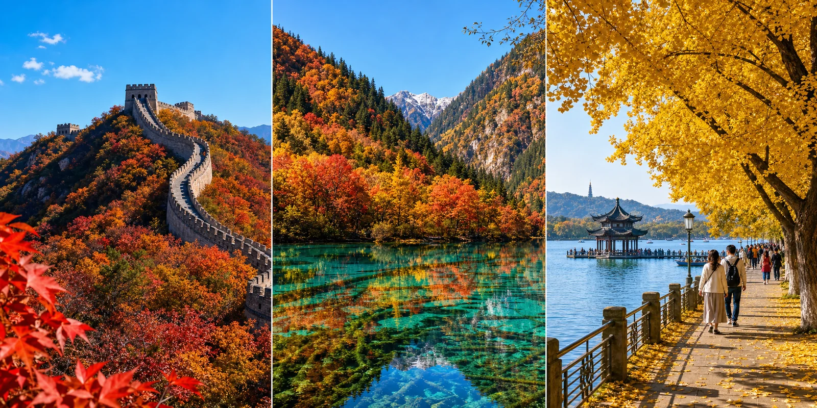 Autumn travel in China: Great Wall with red foliage, Jiuzhaigou colorful lakes, and golden ginkgo by West Lake
