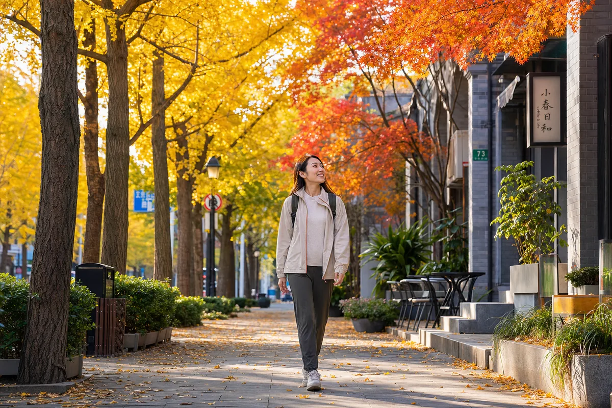 Traveler dressed in autumn layers walking a tree-lined Chinese street in fall
