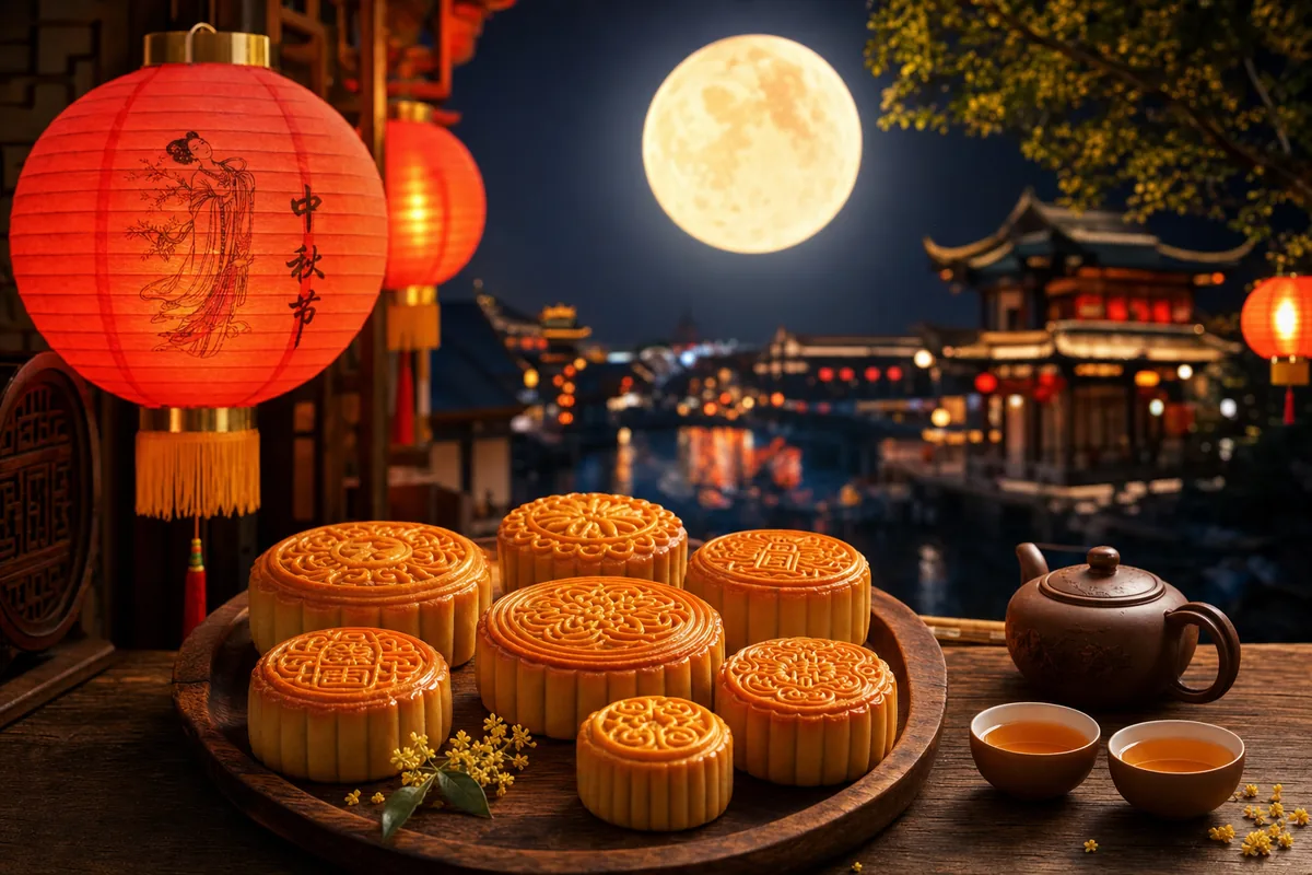 Mid-Autumn Festival mooncakes and glowing lanterns under a full moon in China