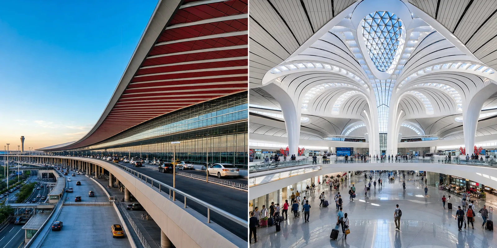 Side-by-side view of Beijing Capital Airport T3 and Daxing Airport terminals