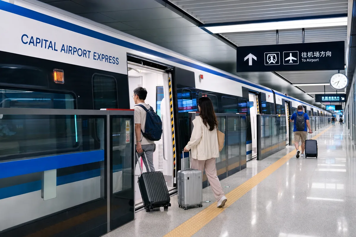 Capital Airport Express train at a platform with travelers boarding