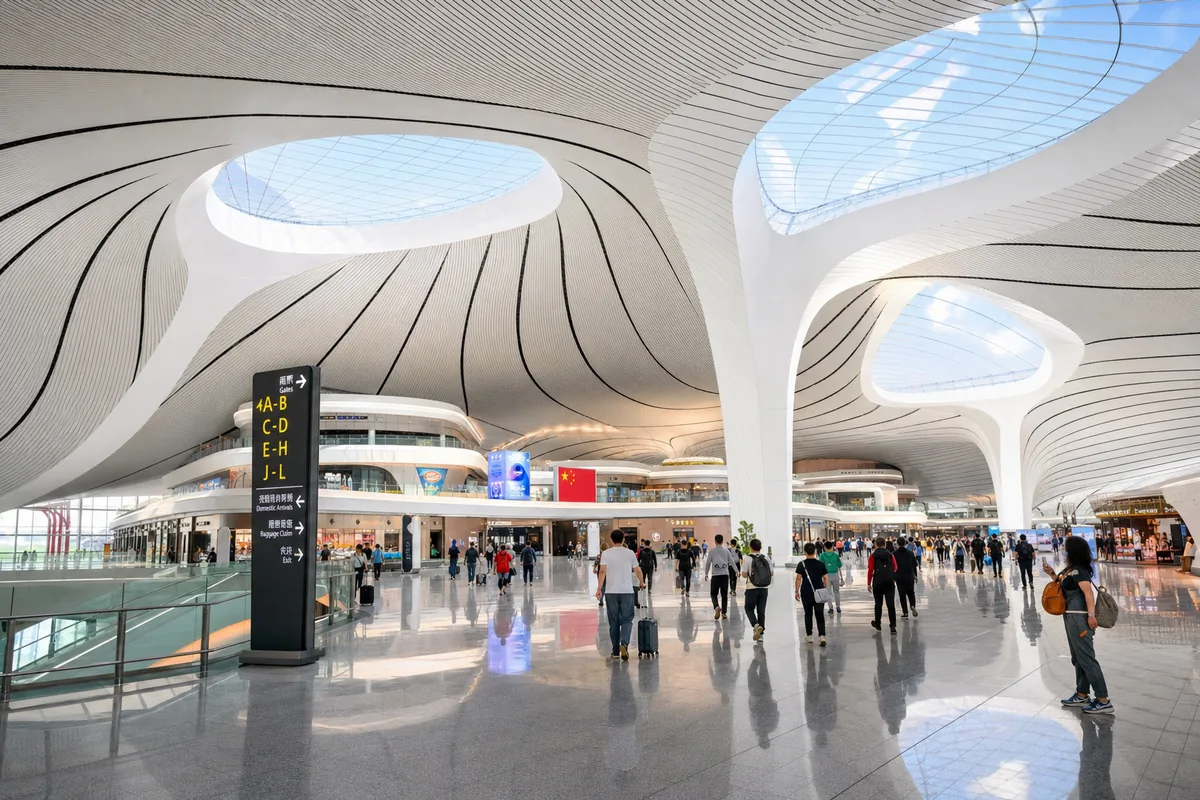Interior of Beijing Daxing Airport showing the phoenix-shaped roof and skylights