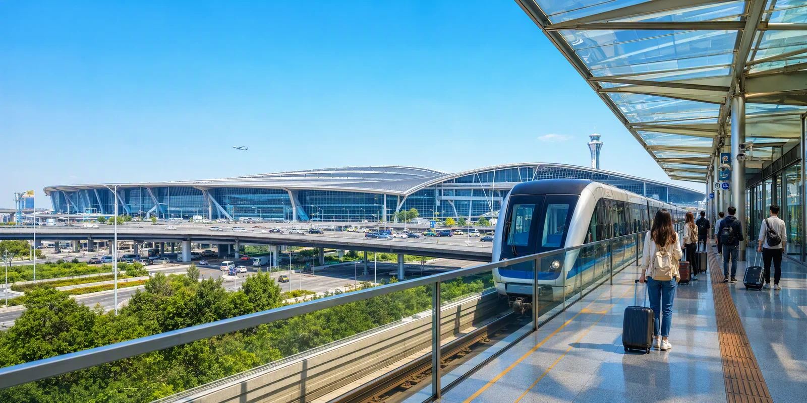 A Beijing Airport Express train pulling into the elevated station beside the airport terminal