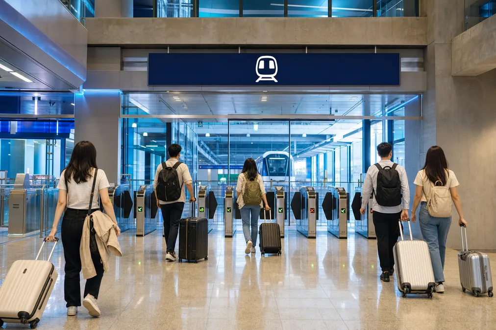 Travelers with luggage entering the Airport Express station in the parking building at Beijing Capital Terminal 3