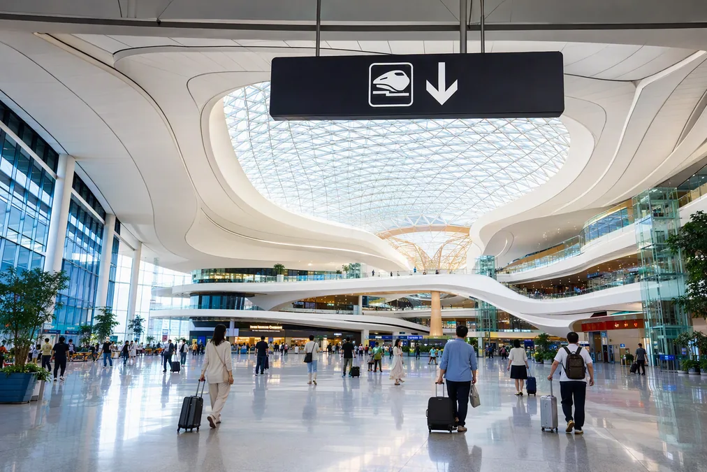 The soaring atrium of Beijing Daxing Airport terminal with signs pointing down to the rail level