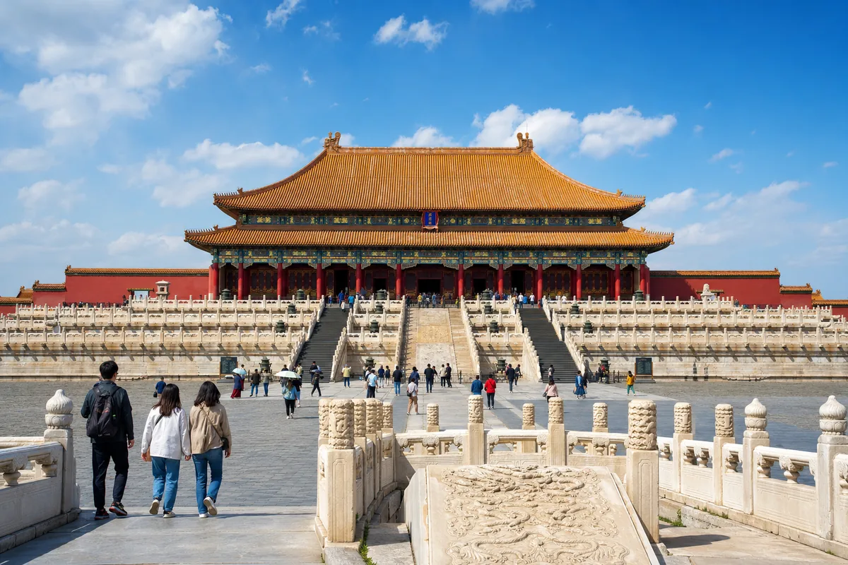 Inner courtyard of the Forbidden City with marble balustrades and a grand throne hall