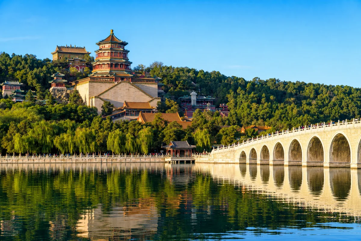 Summer Palace with Kunming Lake and the tower of Longevity Hill reflected in the water