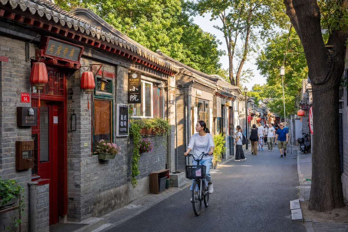 A traditional Beijing hutong alley with grey courtyard walls and red lanterns