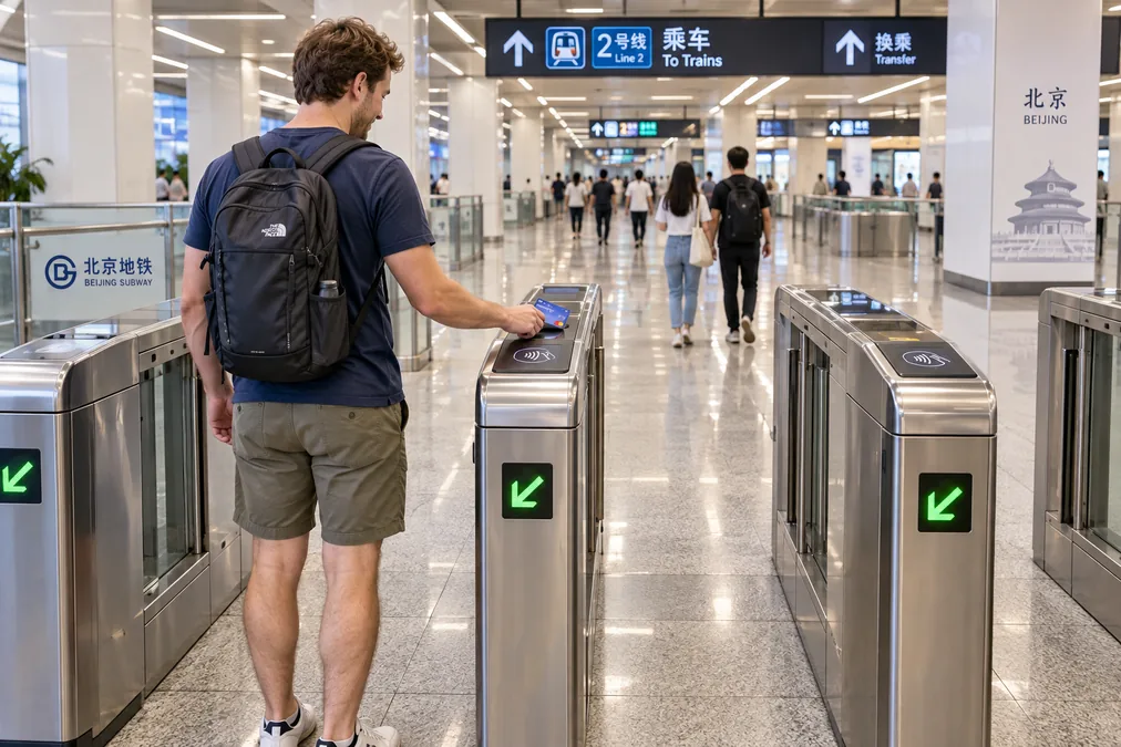 A traveler tapping a contactless bank card on a fare gate in a Beijing subway station
