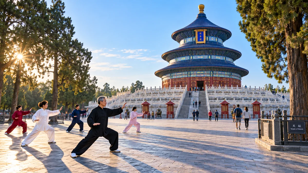 The Hall of Prayer for Good Harvests at the Temple of Heaven in Beijing in early morning light, with locals exercising among the cypress trees