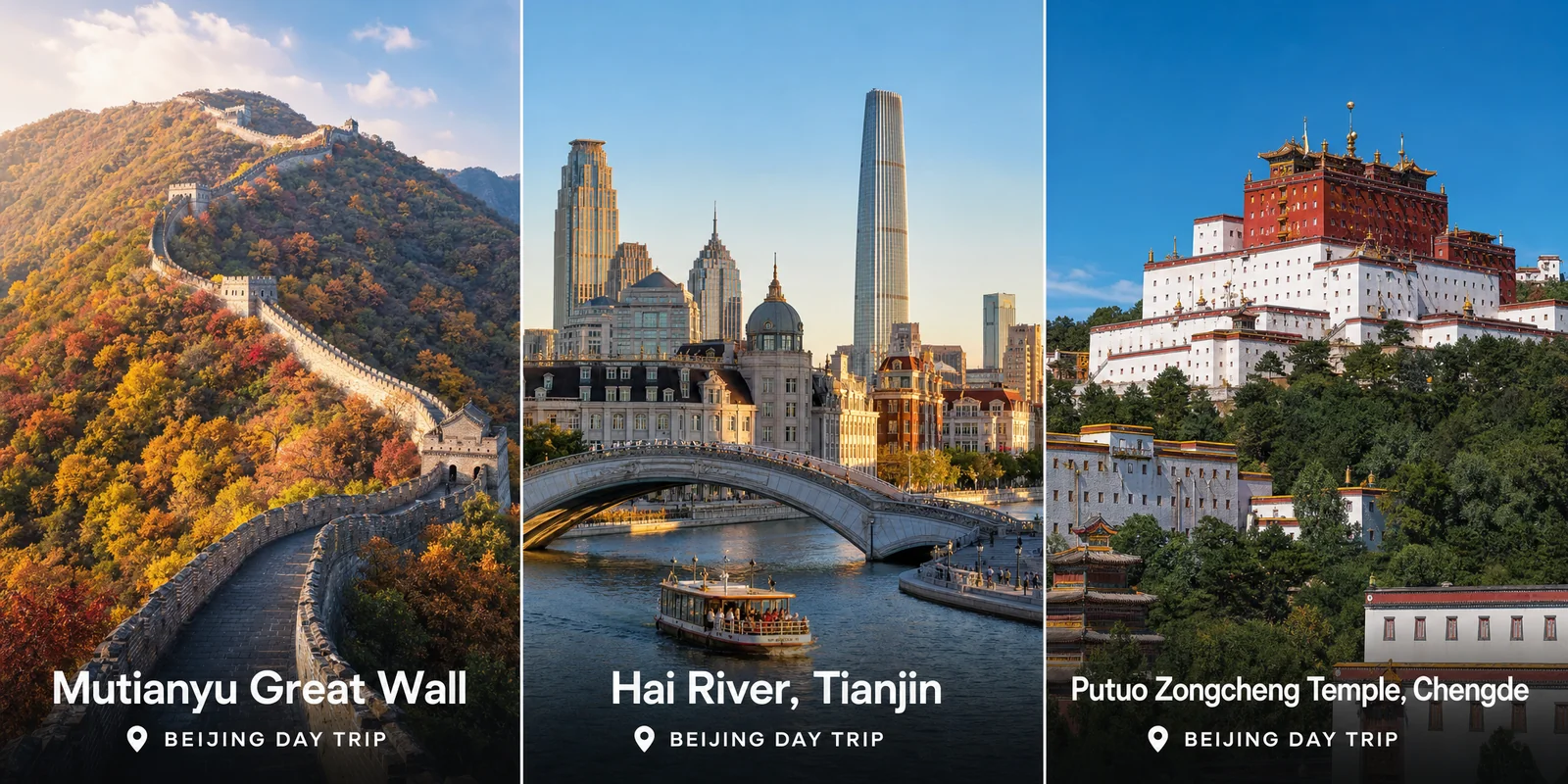 Beijing day trip destinations: Mutianyu Great Wall, Tianjin riverfront, and Chengde imperial temple
